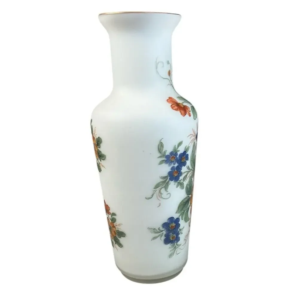 Satin Red Glass Vase Made in Italy Beautiful Floral Print Country Cottage